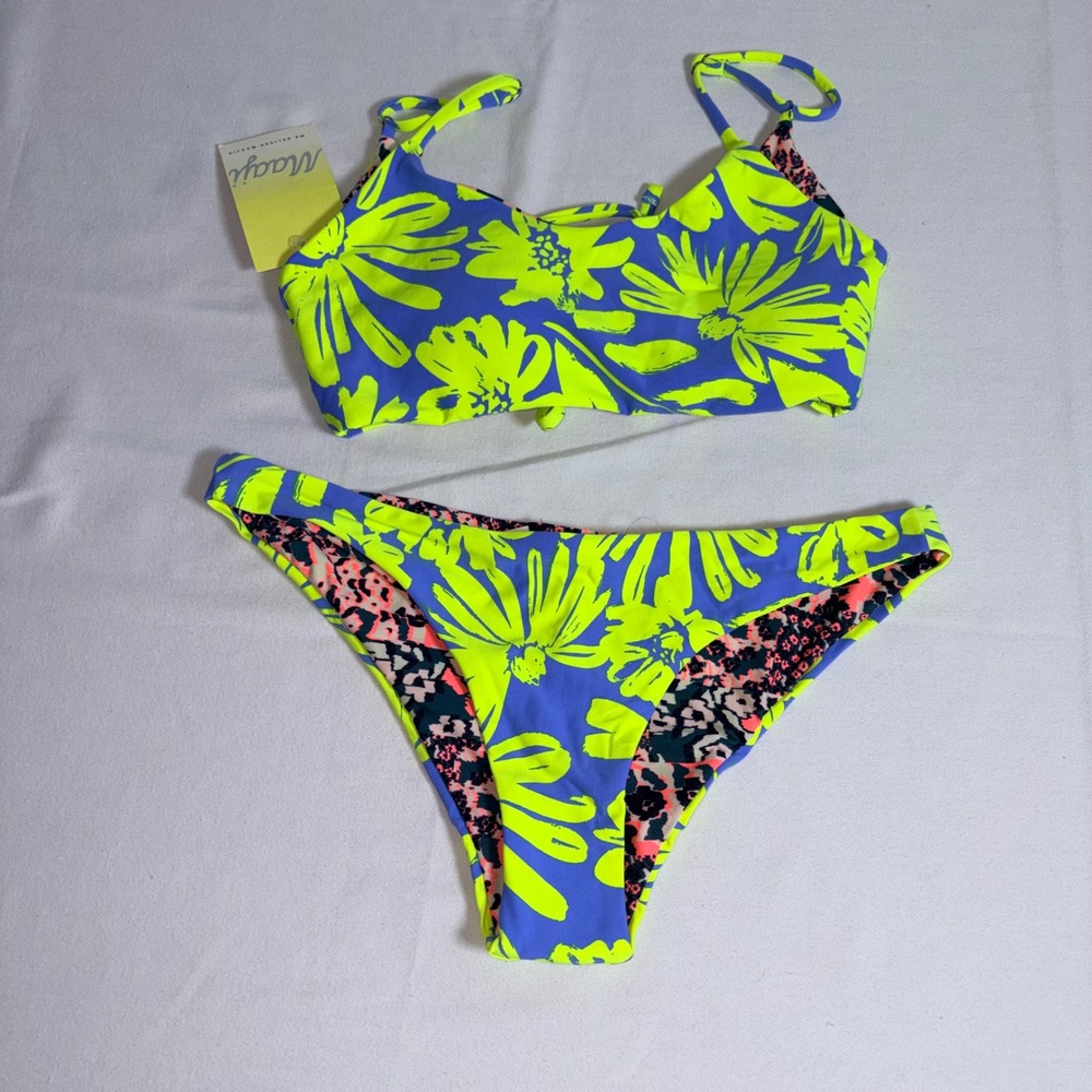 Maaji Bikini Set Medium Neon Yellow blue Floral Lace Up back NEW Swimsuit beach